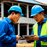 A professional Vietnamese construction project manager and a male subcontractor representative, both in modest professional dress and safety helmets, engaged in a collaborative discussion on a modern, active construction site in Vietnam. They are reviewing digital blueprints on a tablet, with a backdrop of a clean, organized building frame and subtle, non-distracting heavy machinery. The atmosphere is cooperative and focused. The image should feature perfect anatomy, correct proportions, natural pose, well-formed hands, proper finger count, and natural body proportions. safe for work, appropriate content, fully clothed, professional, modest, family-friendly, high quality photo, cinematic lighting.