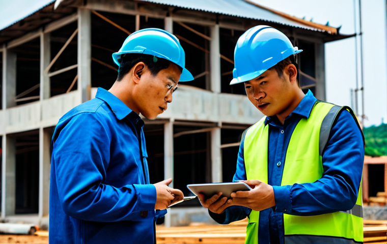 A professional Vietnamese construction project manager and a male subcontractor representative, both in modest professional dress and safety helmets, engaged in a collaborative discussion on a modern, active construction site in Vietnam. They are reviewing digital blueprints on a tablet, with a backdrop of a clean, organized building frame and subtle, non-distracting heavy machinery. The atmosphere is cooperative and focused. The image should feature perfect anatomy, correct proportions, natural pose, well-formed hands, proper finger count, and natural body proportions. safe for work, appropriate content, fully clothed, professional, modest, family-friendly, high quality photo, cinematic lighting.